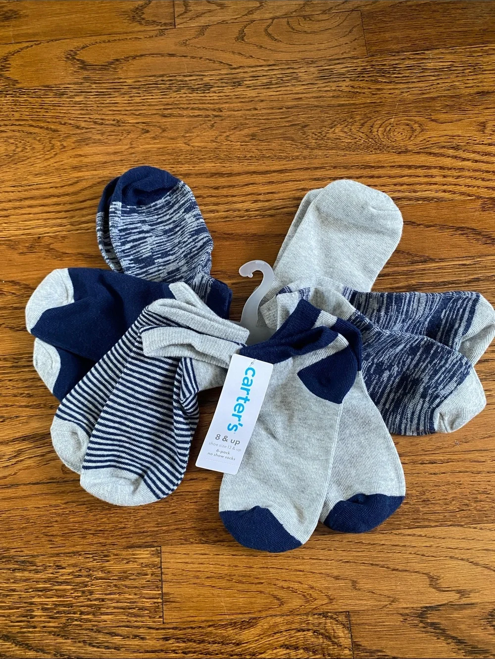 NWT Carter's Kids Gray & Navy No-Show Socks 6-Pack, Shoe Size 13 and up